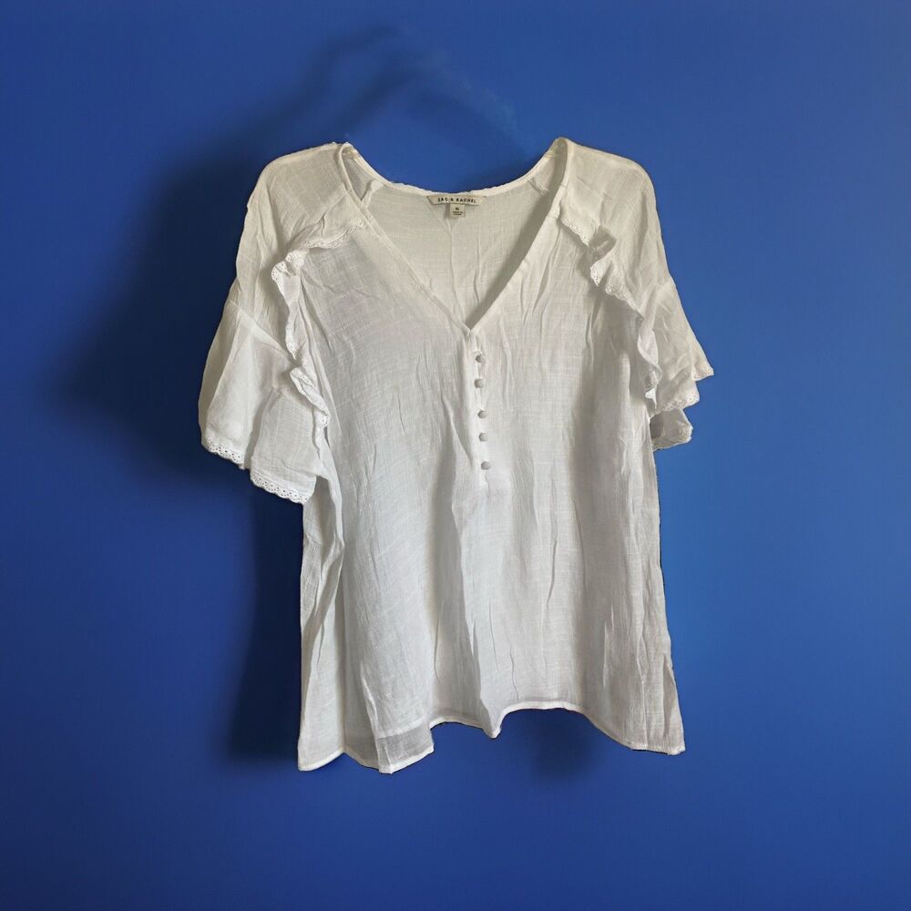 Zac & Rachel Top XL White Gauze Sheer NWOTS Laced Lightweight Buttons Pullover